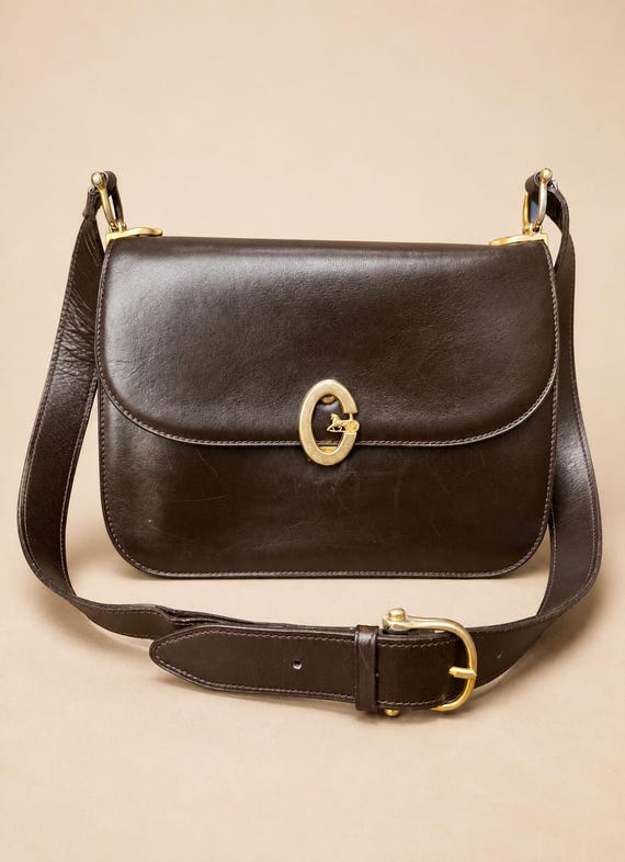Sac cuir Céline vintage, marron motif équestre, femme années 70