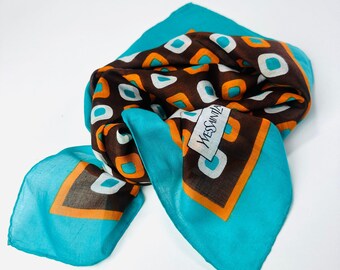 Silk scarf Yves Saint Laurent vintage, brown geometric, womens 70s