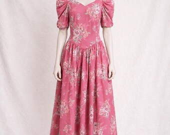 Cotton dress Laura Ashley vintage, pink floral, womens 80s