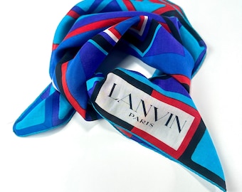 Silk scarf Lanvin vintage, blue geometric, womens 70s