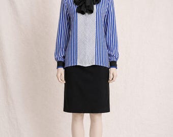 Silk blouse Louis Féraud vintage, black striped, womens 80s