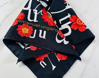 Silk scarf Emanuel Ungaro vintage, black floral, womens 80s