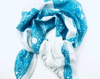 Cotton scarf Christian Dior vintage, blue floral, womens 80s