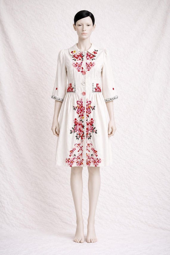 Chloé, Trench coton Chloé vintage, écru motif floral, femme