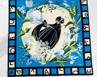 Silk scarf Lanvin vintage, blue floral, womens 60s