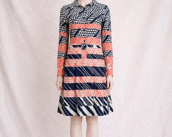 Wool dress Lanvin vintage, navy striped, womens 70s