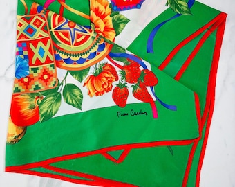 Silk scarf Pierre Cardin vintage, green floral, womens 70s