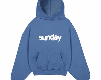 Handmade Sunday Applique Hoodie Heavyweight Vintage Blue, Oversized Unisex Hoodie, Retro Streetwear Sweatshirt