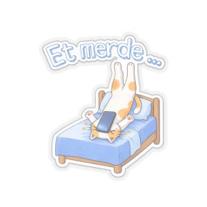 May include: A sticker featuring a cartoon cat lying upside down on a bed, with a phone on its chest. The cat is white with orange spots. The bed has blue bedding, and the text "Et merde..." is above the cat.