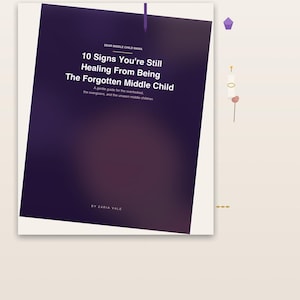 Puede incluir: Una portada de libro rectangular de color morado oscuro con texto en blanco que dice: Dear Middle Child Mama, 10 Signs You're Still Healing From Being The Forgotten Middle Child, A gentle guide for the overlooked, the overgivers, and the unseen middle children, By Zaria Vale.