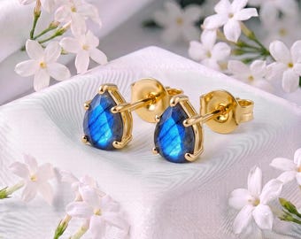 Natural Labradorite Pear Stud Earrings, Blue Flash Gemstone Jewelry, Sterling Silver or Gold Filled Gift for Her