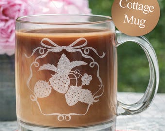 Vintage Strawberry Glass Mug, Engraved Glass Coffee Cup with Bow Frame, Cottagecore Garden Tea Mug, Cute Strawberry Lover Gift
