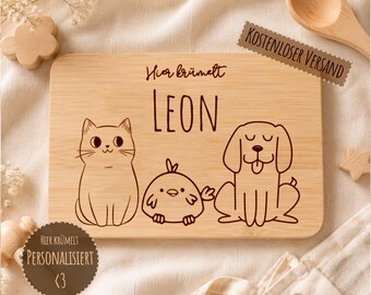 Schneidebrett personalisiert, Frühstücksbrett, Brettchen mit Name, Kindergarten Besteck, , Holzgravur mit Tiere, Taufe Geschenk