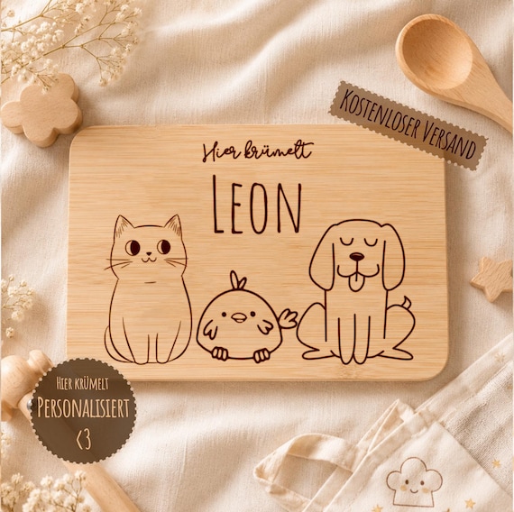 Schneidebrett personalisiert, Frühstücksbrett, Brettchen mit Name, Kindergarten Besteck, , Holzgravur mit Tiere, Taufe Geschenk