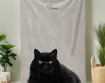 Personalized Pet Portrait Blanket, Custom Name Watercolor Dog, Pet Memorial Gift, Cat Photo Blanket, Custom Pet Face Blanket, Pet funny Gift