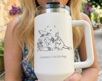 Cute Bear & Kangaroo Travel Mug, Minimalist Animal Illustration Tumbler with Straw, Sometimes its the little things, Quote Gift Idea