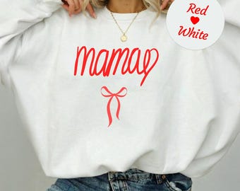 Handwritten Mama Sweatshirt with Ribbon, Minimalist DTG Printed Mom Crewneck, Aesthetic Mama Sweater, Mothers Day Gift for Mom