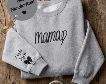 Handwritten Mama Embroidered Sweatshirt, Personalized Mom Crewneck, Custom Name Sleeve with Bow, Hand Drawn Mama Sweater, Mothers Day Gift