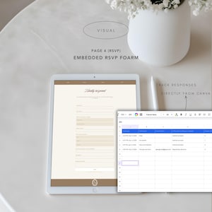 May include: A digital tablet displaying an RSVP form with the text "Kindly respond." A spreadsheet with tracking data is open on the right. The image includes the text "VISUAL," "PAGE 4 (RSVP)," and "EMBEDDED RSVP FOARM."