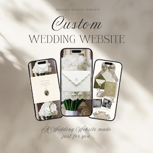 Puede incluir: Tres teléfonos inteligentes que muestran una plantilla de sitio web de boda personalizada. Las pantallas muestran invitaciones de boda, arreglos florales y una figura de cisne. El texto incluye "Wedding Website Template", "Custom Wedding Website" y "A Wedding Website made just for you."