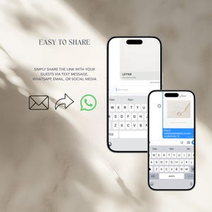 May include: Two smartphones displaying messaging interfaces with text input fields and keyboards. The text reads EASY TO SHARE, SIMPLY SHARE THE LINK WITH YOUR GUESTS VIA TEXT MESSAGE, WHATSAPP, EMAIL, OR SOCIAL MEDIA, along with envelope and WhatsApp icons.