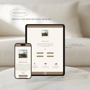 May include: A smartphone and tablet display a website with the text "Where to Stay" and "Inspired by Italian Weddings." The website features images and text about hotels. The design is in neutral tones.
