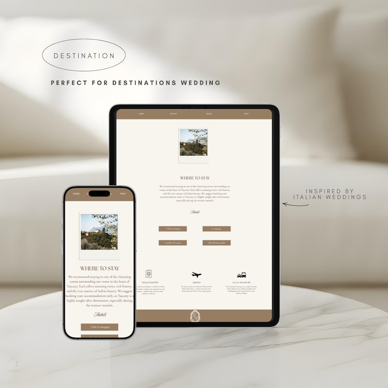 May include: A smartphone and tablet display a website with the text "Where to Stay" and "Inspired by Italian Weddings." The website features images and text about hotels. The design is in neutral tones.