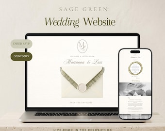 Wedding website template canva, Old money sage green wedding website, White elegant destination wedding invitation, Instant download