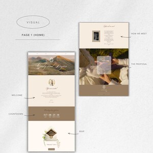 May include: A digital wedding invitation design with a neutral color palette. The design includes a homepage with the names "Grindy and Bryan", a countdown timer, and an RSVP section. Another page shows a photo and text about "How We Meet" and "The Proposal".