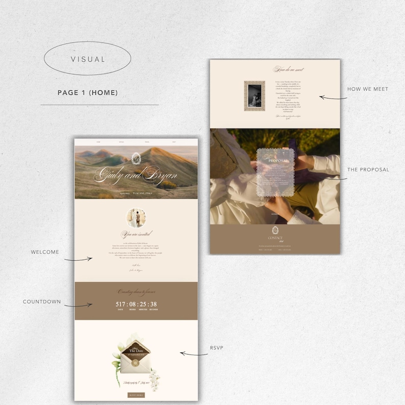 May include: A digital wedding invitation design with a neutral color palette. The design includes a homepage with the names "Grindy and Bryan", a countdown timer, and an RSVP section. Another page shows a photo and text about "How We Meet" and "The Proposal".