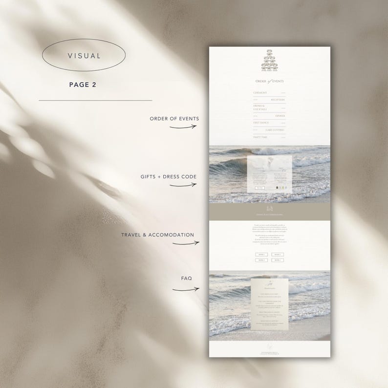 May include: A digital wedding invitation template labeled Page 2, featuring sections for Order of Events, Gifts + Dress Code, Travel & Accommodation, and FAQ. The layout includes ocean wave imagery, text headers, and placeholders for event details.