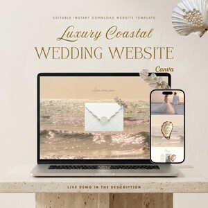 May include: A laptop and smartphone display a coastal wedding website template. The laptop screen shows a beach scene with an envelope. The smartphone displays the website on a mobile device. Text reads "Luxury Coastal Wedding Website" and "Canva".
