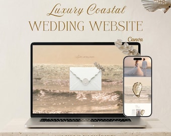Beach Wedding Website Template Canva | Gold Coastal Wedding Website | Summer Digital Wedding Invitation | Mobile Wedding Website