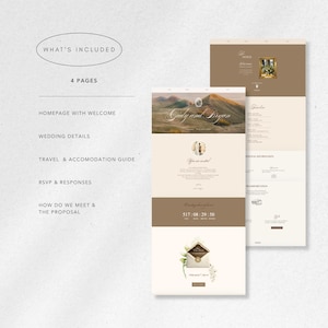 May include: A wedding website design with a neutral color palette. The design includes the text "What's Included", "4 Pages", and sections for wedding details, travel, and RSVP. The website features the names "Gaby and Bryan" and a contact number.