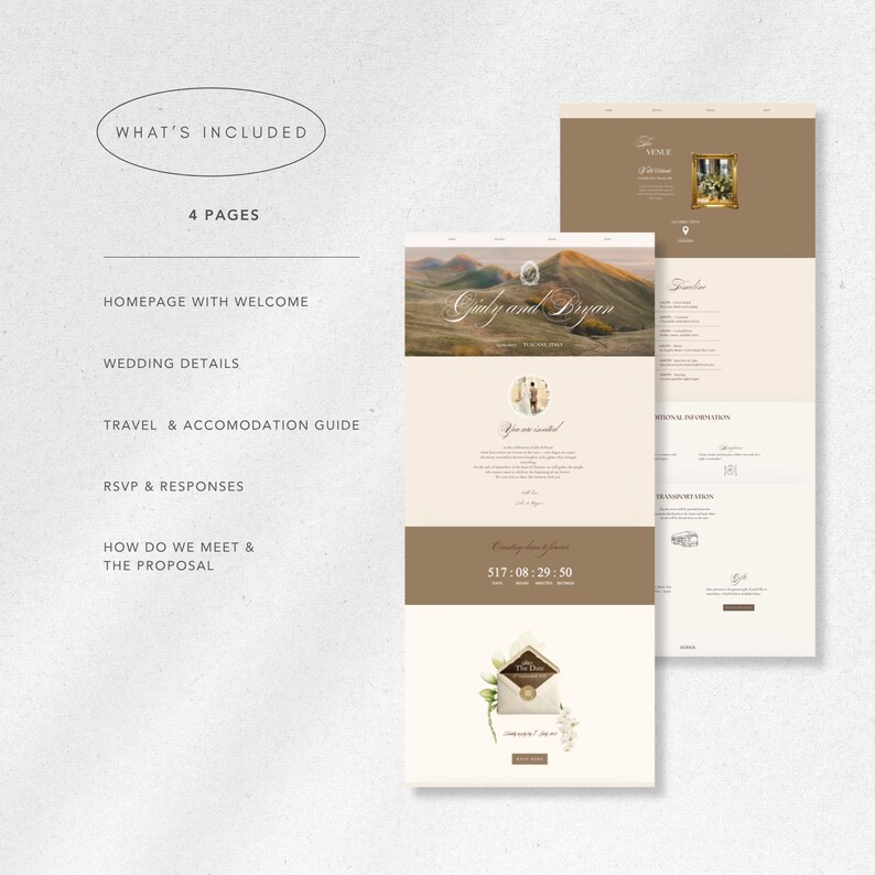 May include: A wedding website design with a neutral color palette. The design includes the text "What's Included", "4 Pages", and sections for wedding details, travel, and RSVP. The website features the names "Gaby and Bryan" and a contact number.