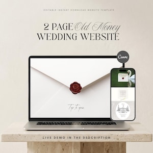 May include: A laptop and smartphone display a wedding website template. The laptop screen shows a white envelope with a red wax seal. The smartphone displays the website's design, including a swan image. Text on the screen reads "2 PAGE Old Money WEDDING WEBSITE."
