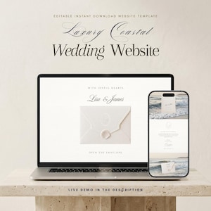 May include: An editable website template for a wedding featuring a laptop and smartphone display. The screen shows a minimalist design with the text "With Joyful Hearts," "Lisa & James," and "Open the Envelope" alongside a wax-sealed envelope graphic.