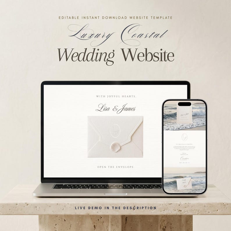 May include: An editable website template for a wedding featuring a laptop and smartphone display. The screen shows a minimalist design with the text "With Joyful Hearts," "Lisa & James," and "Open the Envelope" alongside a wax-sealed envelope graphic.