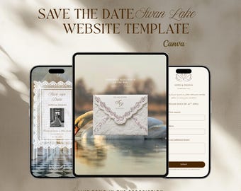 Swan Lake Save the Date wedding website, with RSVP, Editable in Canva website template.