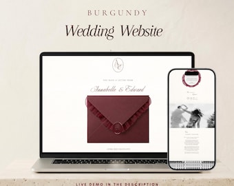 Burgundy Wedding Website Template Canva | Old Money Wedding Website Black White | Destination Elegant Luxury Mobile, Instant Download