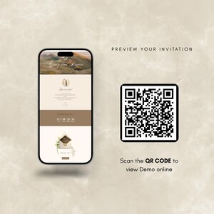 May include: A smartphone displays a wedding invitation design with the names "Judy and Bryan" at the top. A QR code is next to the phone, with the text "PREVIEW YOUR INVITATION" and "Scan the QR CODE to view Demo online."