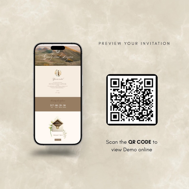 May include: A smartphone displays a wedding invitation design with the names "Judy and Bryan" at the top. A QR code is next to the phone, with the text "PREVIEW YOUR INVITATION" and "Scan the QR CODE to view Demo online."