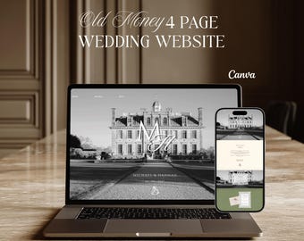 Wedding website template, Old Money wedding website, Editable canva template, Black and white wedding website editable in Canva