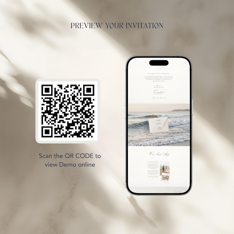 May include: A smartphone displaying a digital wedding invitation demo, positioned next to a square QR code. The text above reads PREVIEW YOUR INVITATION and below the code reads Scan the QR CODE to view Demo online, set against a neutral background.