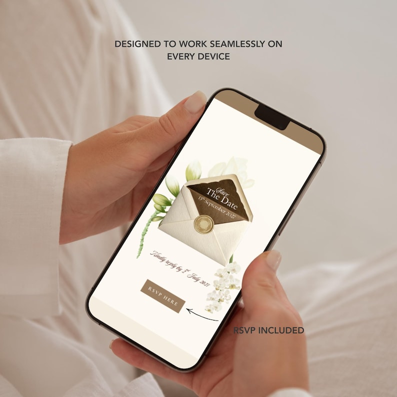 May include: A smartphone displays a wedding invitation design. The invitation features an open envelope with "Save The Date" text, floral accents, and an RSVP button. The phone is held in front of a soft, neutral background. Text on the screen reads "Designed to work seamlessly on every device."