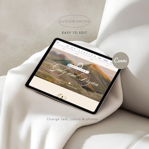 May include: A digital tablet displaying a wedding invitation design with the names "Judy and Bryan" and the text "Tuscany, Italy." The tablet is on a white surface. Text on the image reads "Customization," "Easy to Edit," and "Change text, colors & photos."