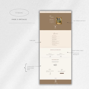 May include: A webpage design with a neutral color palette, featuring sections for venue details, timeline, and additional information. The design includes text and icons, with a focus on event planning.