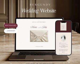 Burgundy Old Money Wedding Website Template Canva | Trackable RSVP | Elegant ivory Digital Wedding Invitation | Instant Download