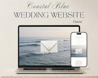 Coastal Blue Wedding Website template Canva | Beach Wedding Website | Elegant Sea Wedding Website Mobile Friendly | Instant Download