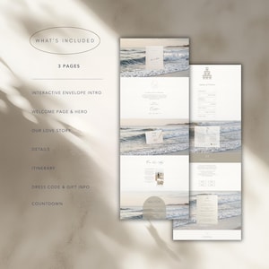 May include: A digital wedding invitation template set featuring three pages with ocean wave imagery. Text includes WHAT'S INCLUDED, 3 PAGES, INTERACTIVE ENVELOPE INTRO, WELCOME PAGE & HERO, OUR LOVE STORY, DETAILS, ITINERARY, DRESS CODE & GIFT INFO, and COUNTDOWN.